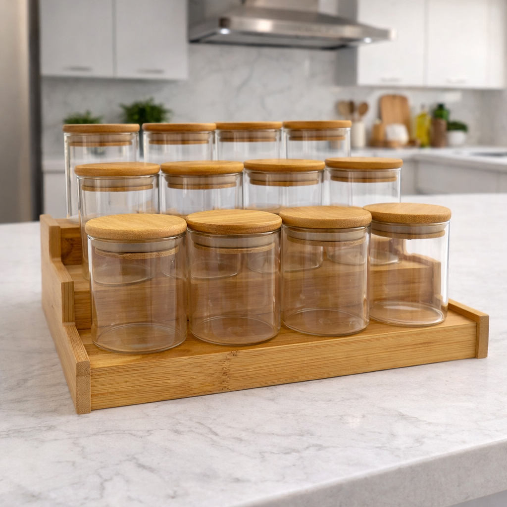3-Tier Spice Storage Jar Set with Wooden Rack Organizer – Glass Kitchen Containers