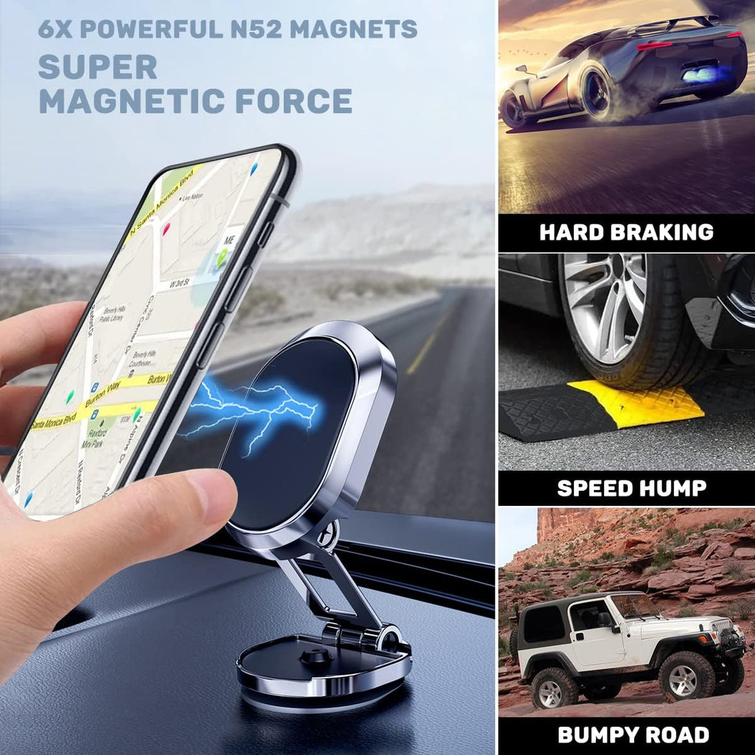 360° Rotating Magnetic Car Mobile Phone Holder - Foldable, Dashboard Mount for All Smartphones